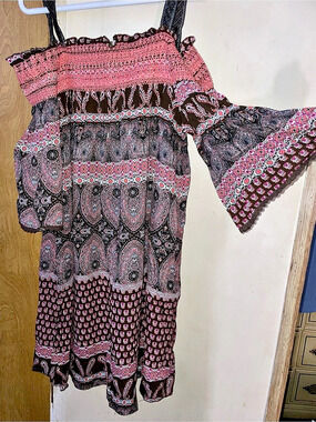 One World Paisley Mini Dress in Pink & Brown Size Medium NWT